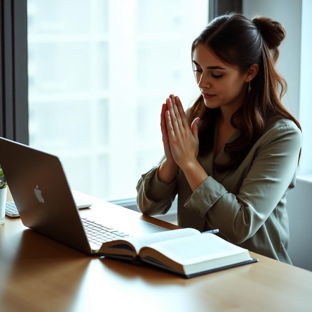 Ondernemer in gebed achter laptop